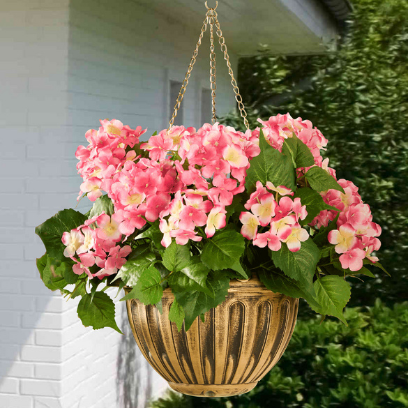 Blumenampel mit Kunstblumen Hortensien rosa