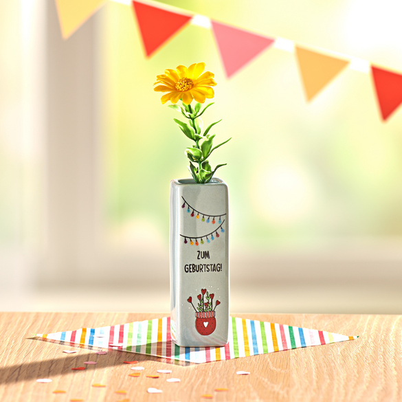 Mini-Blumenvase 'Zum Geburtstag' mit Kunstblume Eldo