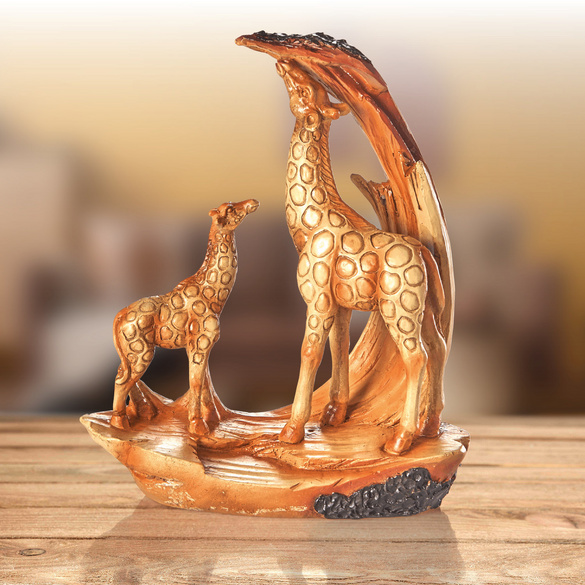 Resin-Skulptur 'Giraffe mit Kind' in Holzoptik Eldo