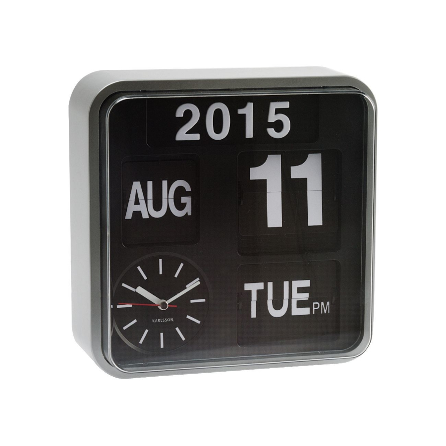 Karlsson Mini Flip Uhr mit Kalender - Gehäuse silber - schwarzes Ziffernblatt - 24,5 x 24,5 x 10 cm
