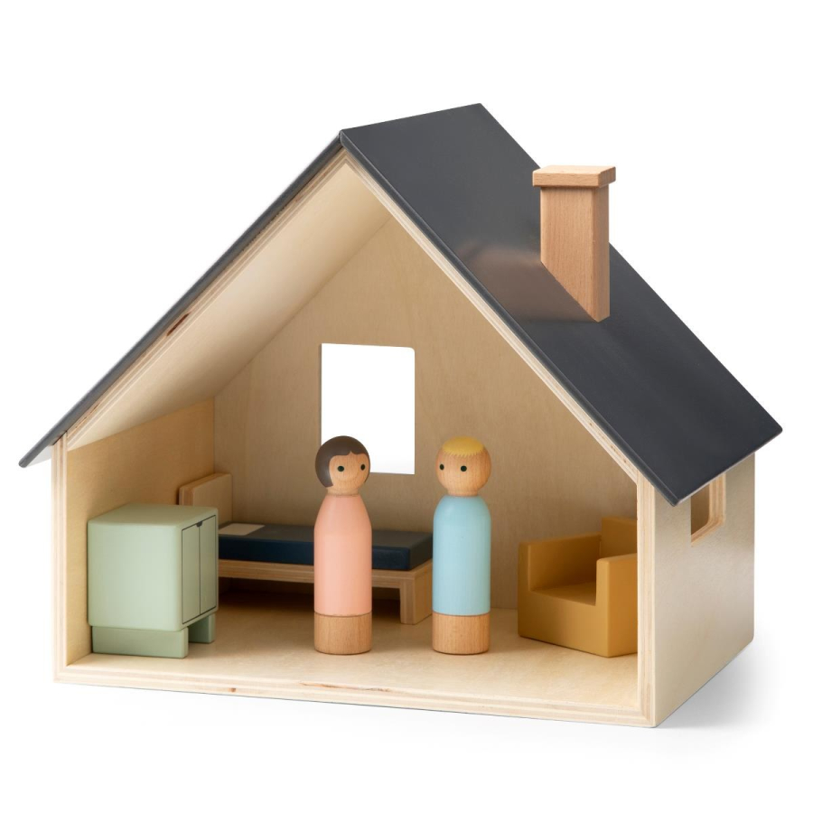 Sebra Puppenhaus mit Möbeln + Puppen - Holz + blaues Dach - 33,5x24 cm - Höhe 28,1 cm