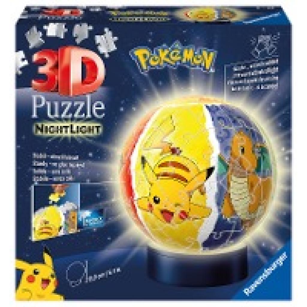 Ravensburger 3D Puzzle 11547 - Nachtlicht Puzzle-Ball Pokémon - 72 Teile - für Pokémon Fans ab 6 Jahren, LED Nachttischlampe mit Klatsch-Mechanismus