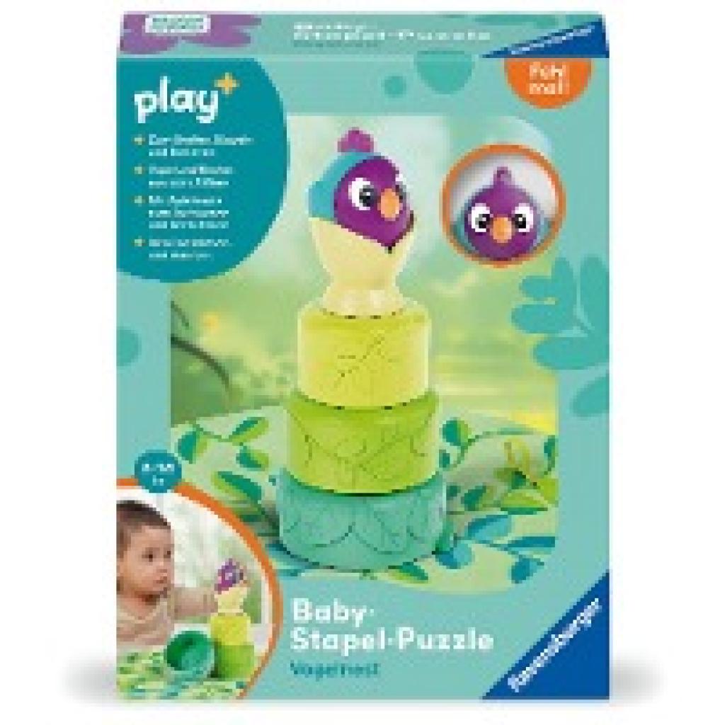 Ravensburger 4857 Play+ Baby-Stapel-Puzzle: Vogelnest, Montessori-Puzzle, Silikon, Saugnapf-Spielzeug für Baby ab 6 Monaten