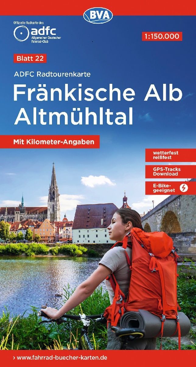 ADFC-Radtourenkarte 22 Fränkische Alb Altmühltal 1:150.000, reiß- und wetterfest, E-Bike geeignet, GPS-Tracks Download, mit Bett+Bike Symbolen, mit Kilometer-Angaben