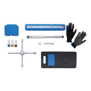 BGS Radwechsel Spar-Set 9-tlg. mit Drehmomentschlüssel + Felgen-Schon-Einsätze + Knieschoner + Kreuzschlüssel + Handschuhe