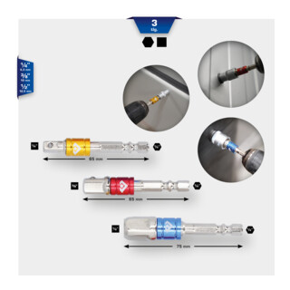 Brilliant Tools 1/4 Zoll Vierkant-Adapter-Satz 1/4 Zoll + 3/8 Zoll + 1/2 Zoll, 3-tlg