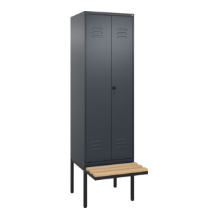 C+P Schwarz-Weiß-Spind Classic PLUS, Bank, 2 Abteile, 2120x600x815mm, 7016/7016, Verschluss Sicherheits-Drehriegel, Sitzbanktyp auskragend, Material Sitzfläche Buche-Hartholz