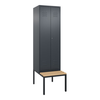 C+P Schwarz-Weiß-Spind Classic PLUS, Bank, 2 Abteile, 2120x600x815mm, 7016/7016, Verschluss Zylinderschloss, Sitzbanktyp untergebaut, Material Sitzfläche Buche-Hartholz