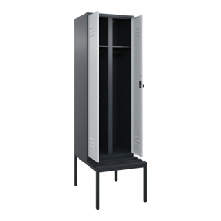 C+P Schwarz-Weiß-Spind Classic PLUS, Bank, 2 Abteile, 2120x600x815mm, 7016/7035, Verschluss Sicherheits-Drehriegel, Sitzbanktyp untergebaut, Material Sitzfläche Kunststoff