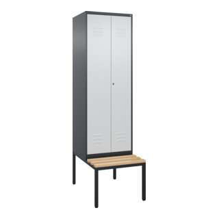 C+P Schwarz-Weiß-Spind Classic PLUS, Bank, 2 Abteile, 2120x600x815mm, 7016/7035, Verschluss Zylinderschloss, Sitzbanktyp untergebaut, Material Sitzfläche Buche-Hartholz