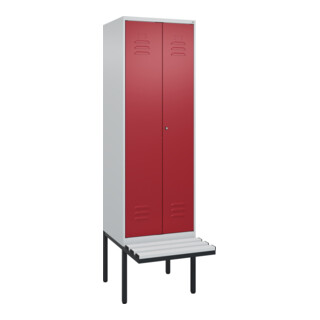 C+P Schwarz-Weiß-Spind Classic PLUS, Bank, 2 Abteile, 2120x600x815mm, 7035/3003, Verschluss Zylinderschloss, Sitzbanktyp auskragend, Material Sitzfläche Kunststoff