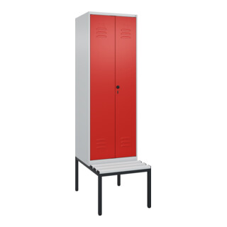 C+P Schwarz-Weiß-Spind Classic PLUS, Bank, 2 Abteile, 2120x600x815mm, 7035/3020, Verschluss Sicherheits-Drehriegel, Sitzbanktyp untergebaut, Material Sitzfläche Kunststoff