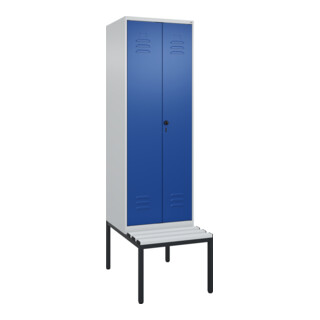 C+P Schwarz-Weiß-Spind Classic PLUS, Bank, 2 Abteile, 2120x600x815mm, 7035/5010, Verschluss Sicherheits-Drehriegel, Sitzbanktyp untergebaut, Material Sitzfläche Kunststoff