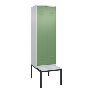 C+P Schwarz-Weiß-Spind Classic PLUS, Bank, 2 Abteile, 2120x600x815mm, 7035/6011, Verschluss Zylinderschloss, Sitzbanktyp untergebaut, Material Sitzfläche Kunststoff