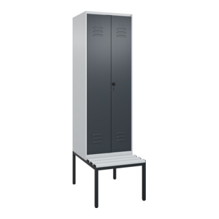C+P Schwarz-Weiß-Spind Classic PLUS, Bank, 2 Abteile, 2120x600x815mm, 7035/7016, Verschluss Sicherheits-Drehriegel, Sitzbanktyp untergebaut, Material Sitzfläche Kunststoff
