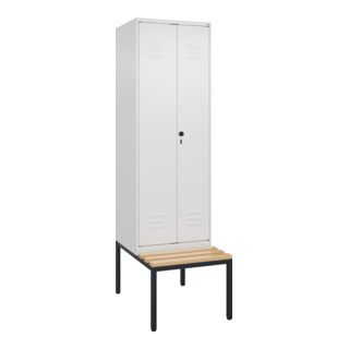 C+P Schwarz-Weiß-Spind Classic PLUS, Bank, 2 Abteile, 2120x600x815mm, 9016/9016, Verschluss Sicherheits-Drehriegel, Sitzbanktyp untergebaut, Material Sitzfläche Buche-Hartholz