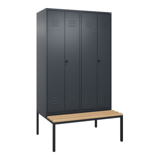 C+P Schwarz-Weiß-Spind Classic PLUS, Bank, 4 Abteile, 2120x1200x815mm, 7016/7016, Verschluss Sicherheits-Drehriegel, Sitzbanktyp untergebaut, Material Sitzfläche Buche-Hartholz