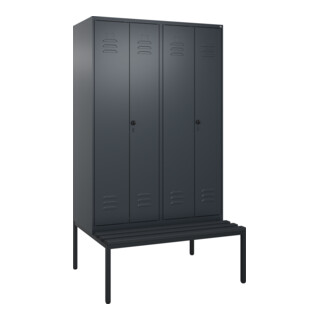 C+P Schwarz-Weiß-Spind Classic PLUS, Bank, 4 Abteile, 2120x1200x815mm, 7016/7016, Verschluss Sicherheits-Drehriegel, Sitzbanktyp untergebaut, Material Sitzfläche Kunststoff
