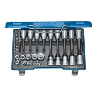Gedore Schraubendreher-Satz, Set 34-teilig, 1/4 + 1/2 Zoll, Bit-Einsätze, Innen- und Außen-TX, für KFZ, 19 TX 20, Blau