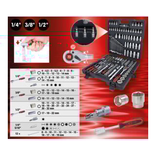 KS Tools 1/4 Zoll+3/8 Zoll+1/2 Zoll Steckschlüssel-Satz, 216-tlg.