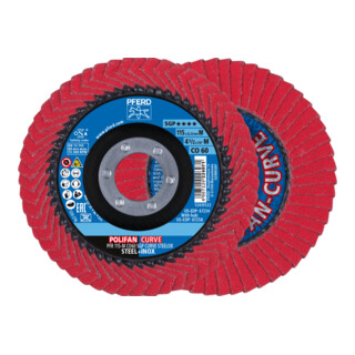 PFERD TOOLS POLIFAN CURVE Fächerscheibe PFR 115x22,23 mm Breite M CO60 SGP STEELOX für Stahl/Edelstahl