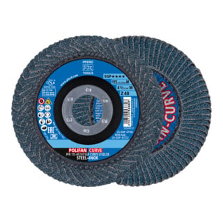 PFERD TOOLS POLIFAN CURVE Fächerscheibe PFR 115x22,23 mm Breite M Z40 SGP STEELOX für Stahl/Edelstahl
