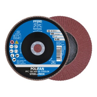 PFERD TOOLS POLIFAN Fächerscheibe PFC 180x22,23 mm konisch A60 SG STEELOX Stahl/Edelstahl