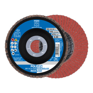 PFERD TOOLS POLIFAN Fächerscheibe PFF 115x22,23 mm flach A-COOL 40 Leistungslinie SG INOX+ALU Edelstahl/Alu