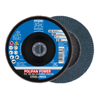 PFERD TOOLS POLIFAN POWER Fächerscheibe PFC 180x22,23 mm konisch Z60 SG STEELOX Stahl/Edelstahl