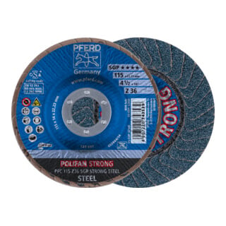 PFERD TOOLS POLIFAN STRONG Fächerscheibe PFC 115x22,23 mm konisch Z36 Speziallinie SGP STEEL für Stahl