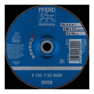 PFERD TOOLS Schruppscheibe E 230x7,2x22,23 mm Leistungslinie SG INOX für Edelstahl