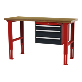 STIER Höhenverstellbare Werkbank mit 1x100, 2x150 mm Schubladen BxTxH 1500x600x760-1060 mm RAL 3020 / RAL 7016