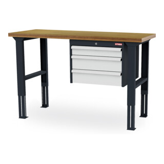 STIER Höhenverstellbare Werkbank mit 1x100, 2x150 mm Schubladen BxTxH 1500x600x760-1060 mm RAL 7016 / RAL 7035