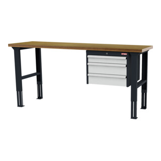 STIER Höhenverstellbare Werkbank mit 1x100, 2x150 mm Schubladen BxTxH 2000x600x760-1060 mm RAL 7016 / RAL 7035