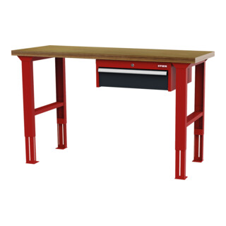 STIER Höhenverstellbare Werkbank mit 1x150 mm Schublade BxTxH 1500x600x760-1060 mm RAL 3020 / RAL 7016