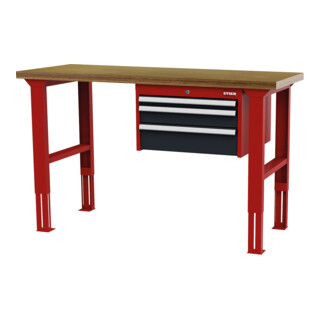 STIER Höhenverstellbare Werkbank mit 1x50, 1x100, 1x150 mm Schubladen BxTxH 1500x600x760-1060 mm RAL 3020 / RAL 7016
