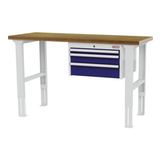 STIER Höhenverstellbare Werkbank mit 1x50, 1x100, 1x150 mm Schubladen BxTxH 1500x600x760-1060 mm RAL 7035 / RAL 5010