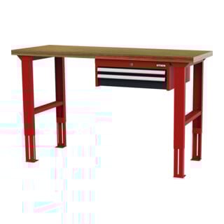STIER Höhenverstellbare Werkbank mit 1x50, 1x100 mm Schubladen BxTxH 1500x600x760-1060 mm RAL 3020 / RAL 7016