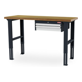 STIER Höhenverstellbare Werkbank mit 1x50, 1x100 mm Schubladen BxTxH 1500x600x760-1060 mm RAL 7016 / RAL 7035