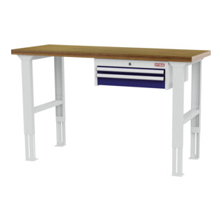 STIER Höhenverstellbare Werkbank mit 1x50, 1x100 mm Schubladen BxTxH 1500x600x760-1060 mm RAL 7035 / RAL 5010