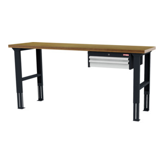 STIER Höhenverstellbare Werkbank mit 1x50, 1x100 mm Schubladen BxTxH 2000x600x760-1060 mm RAL 7016 / RAL 7035
