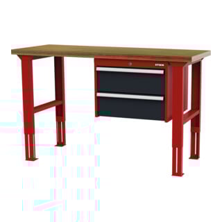 STIER Höhenverstellbare Werkbank mit 2x200 mm Schubladen BxTxH 1500x600x760-1060 mm RAL 3020 / RAL 7016
