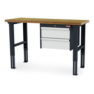 STIER Höhenverstellbare Werkbank mit 2x200 mm Schubladen BxTxH 1500x600x760-1060 mm RAL 7016 / RAL 7035