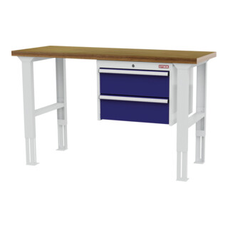 STIER Höhenverstellbare Werkbank mit 2x200 mm Schubladen BxTxH 1500x600x760-1060 mm RAL 7035 / RAL 5010