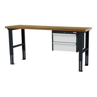 STIER Höhenverstellbare Werkbank mit 2x200 mm Schubladen BxTxH 2000x600x760-1060 mm RAL 7016 / RAL 7035