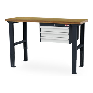 STIER Höhenverstellbare Werkbank mit 3x100 mm Schubladen BxTxH 1500x600x760-1060 mm RAL 7016 / RAL 7035