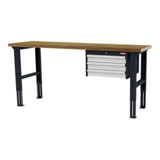 STIER Höhenverstellbare Werkbank mit 3x100 mm Schubladen BxTxH 2000x600x760-1060 mm RAL 7016 / RAL 7035