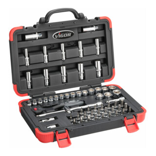 VIGOR Innenvierkant Antrieb 10 = 3/8 Zoll Steckschlüssel-Satz V2305N ∙ Vierkant hohl 10 mm (3/8 Zoll) ∙ Vierkant massiv 10 mm (3/8 Zoll) ∙ - ∙ Anzahl Werkzeuge: 61