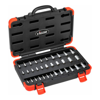 VIGOR T Steckschlüsseleinsatz Satz, V1781N, 1/4 Zoll (6,3 mm) Vierkant, 3/8 Zoll (10 mm) Vierkant, 1/2 Zoll (12,5 mm) Vierkant, 34-teilig, E4 – E20, T8 – T60, T9H – T55H