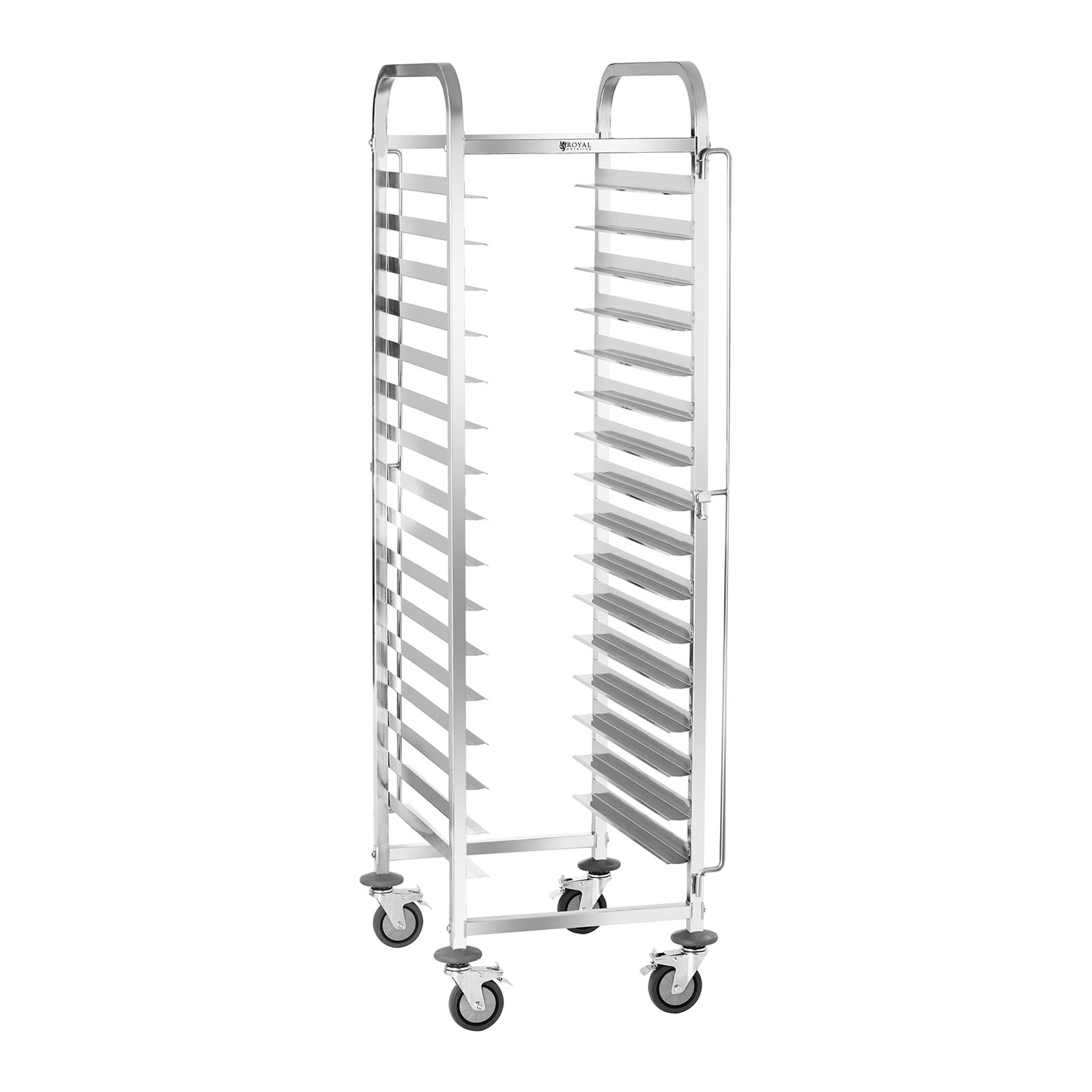 Tablettwagen - Edelstahl - 16 Einschübe - für Tabletts: 40 x 60 cm - Längseinschub - 128 kg - 2 Sicherheitsbügel - Royal Catering